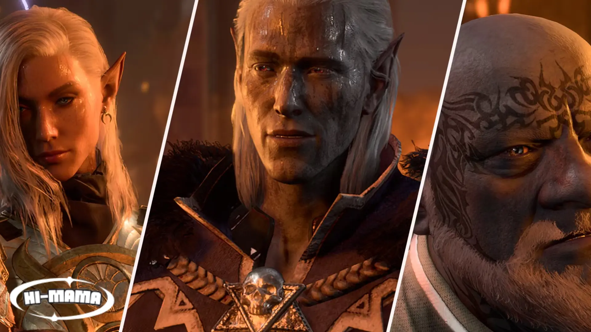 Three detailed character portraits from Baldur's Gate 3, featuring Elder Brithvar, a powerful presence in the game, alongside two other distinct characters with unique appearances.