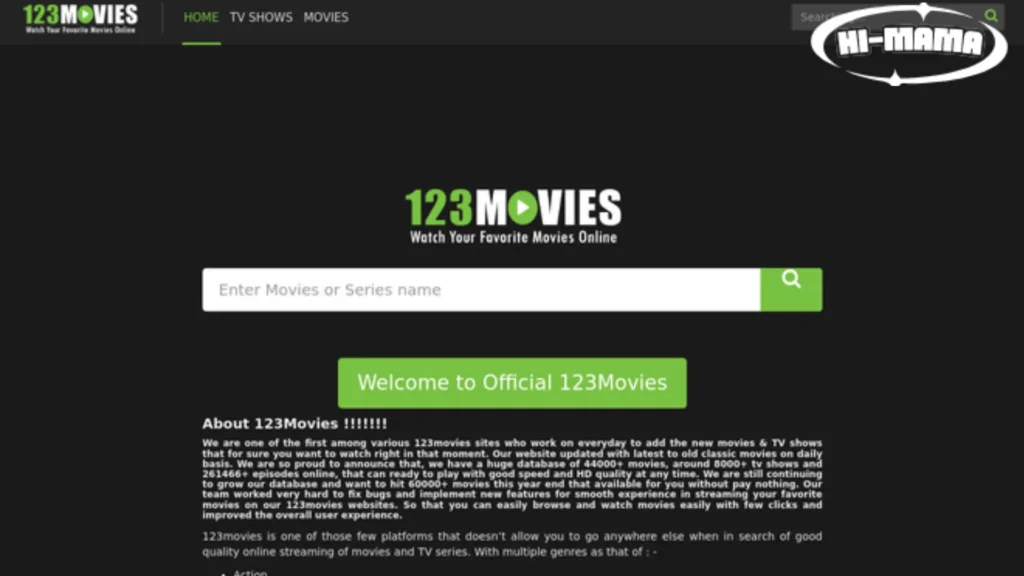 123MoviesFree logo with the tagline 'Watch Your Favourite Movies Online,' featuring a green play button icon.