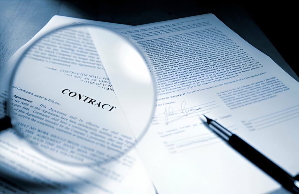 A close up blue toned image of a magnifying glass held out in front of page in a legal contract document. Sheets of paperwork are on a wooden desk with a ink pen close to a signed page. Contract text and signature are fake. Shot with shallow depth of field with focus on the word ‘Contract’.