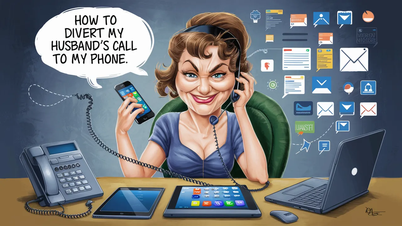 A humorous illustration of a cunning wife, sitting at a desk with multiple devices: a landline phone, a mobile phone, a laptop, anda tablet. The landline is ringing and she is smiling mischievously, holding a Bluetooth headset connected to her mobile phone. A speech bubble above her head reads, "How to divert my husband's call to my phone." The background is filled with icons representing various apps, emails, and notifications, adding a playful touch to the scene.