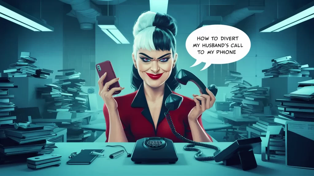 A humorous, modern illustration of a wife with a mischievous smile, holding a smartphone and a landline telephone. There's a speech bubble from her saying, "How to divert my husband's call to my phone". The background is a chaotic yet stylized office space with piles of books, papers, and gadgets, giving the impression of a busy and organized chaos.