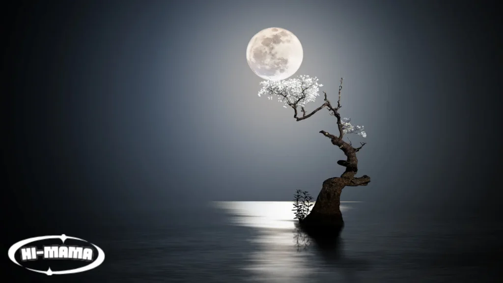 A serene night scene featuring a full moon, labeled Moon-011, illuminating a lone blossoming tree over calm waters.