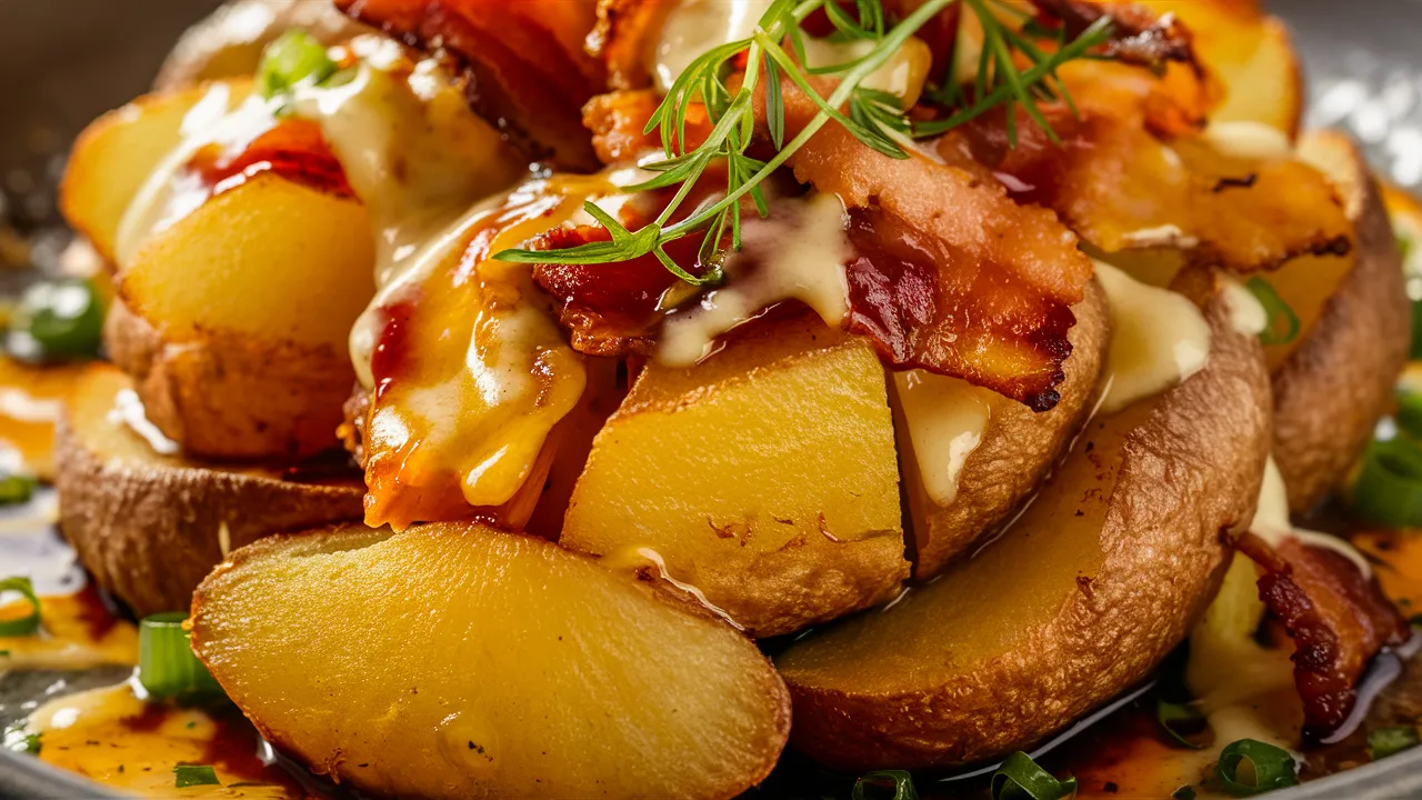 A mouthwatering, close-up photograph of golden, crispy Omaha Steaks Potatoes. The potatoes are sliced and generously topped with melted cheese, bacon, and green onions. The dish is served on a platter with a garnish of fresh herbs, drizzled with a tempting sauce. The overall presentation exudes a delicious and savory aroma, perfect for a satisfying meal.