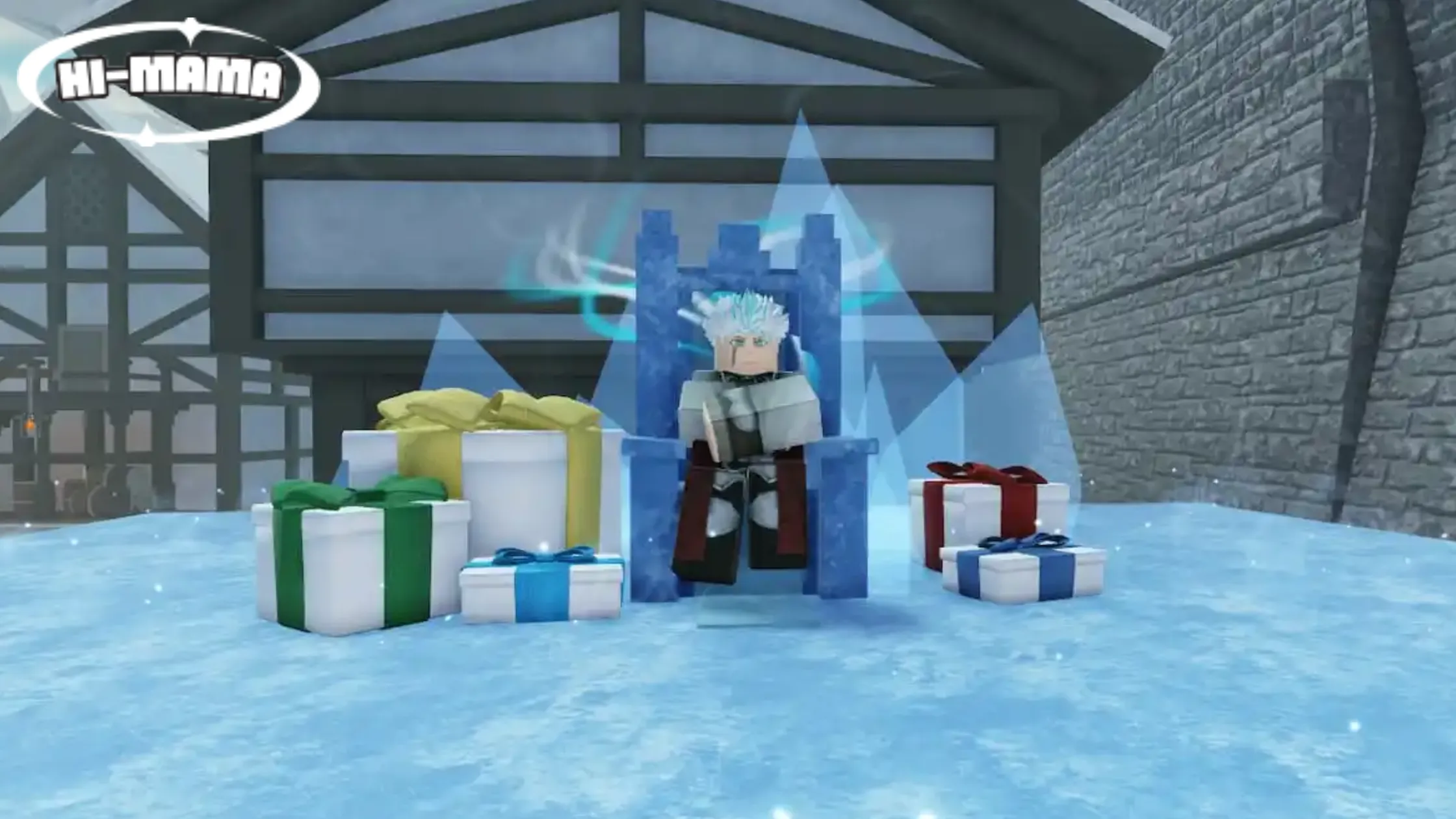 A character sitting on an ice throne surrounded by presents in Arcane Lineage Trello.