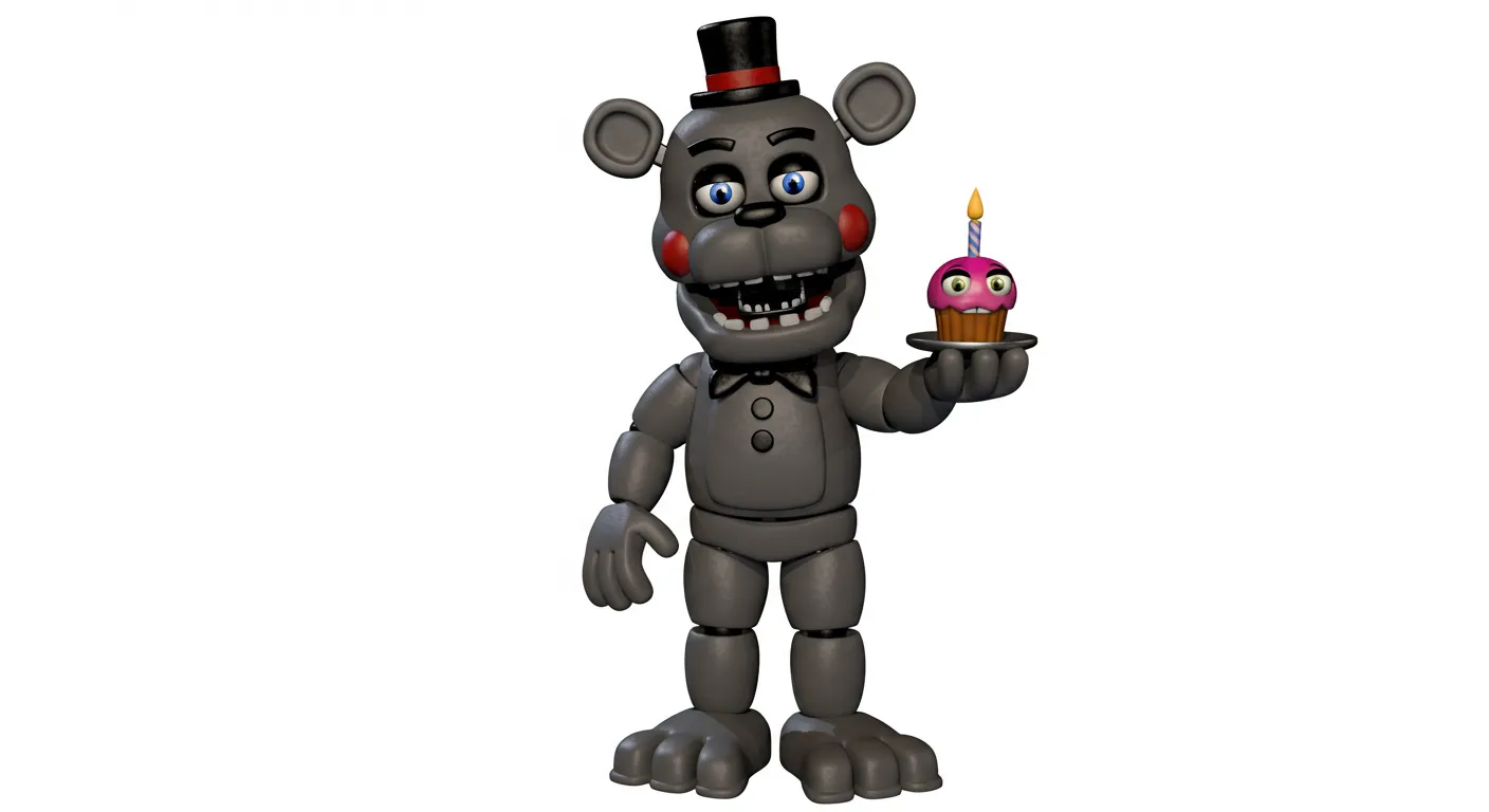 Alvin FNAF gray holding a cupcake with a lit candle.