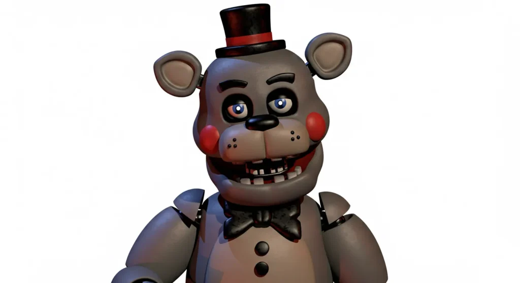 Alvin FNAF gray bear with red cheeks and a black bow tie.