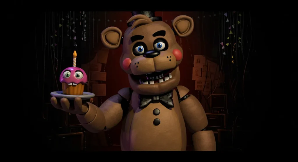 Alvin FNAF gray bear in a dark room holding a cupcake.