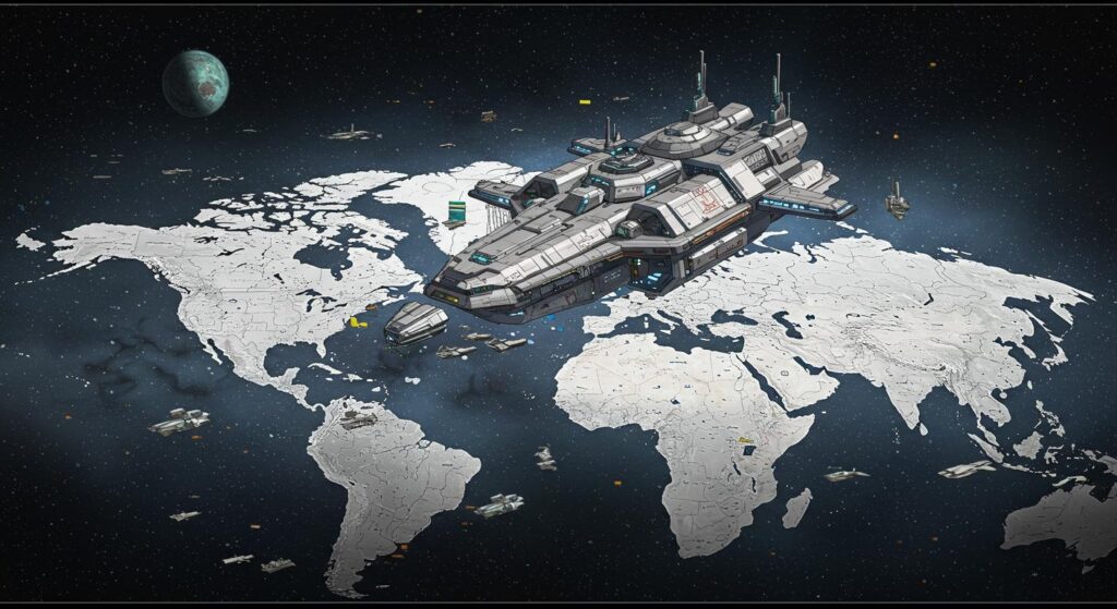 Massive spacecraft on a global map, "Stellaris" style.