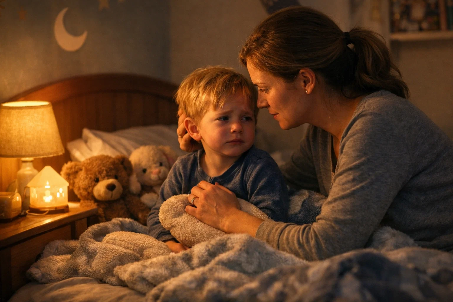 Parent comforting a toddler after a night terror demonstrating natural remedies for night terrors in toddlers.