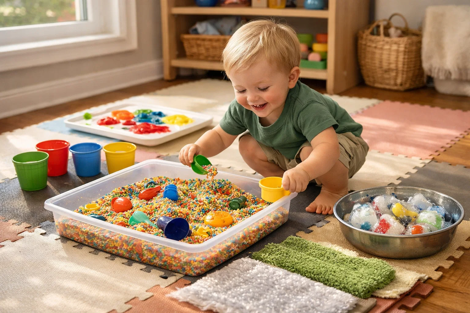 Toddler exploring multiple simple sensory play activities for toddlers indoors in a colorful playroom.