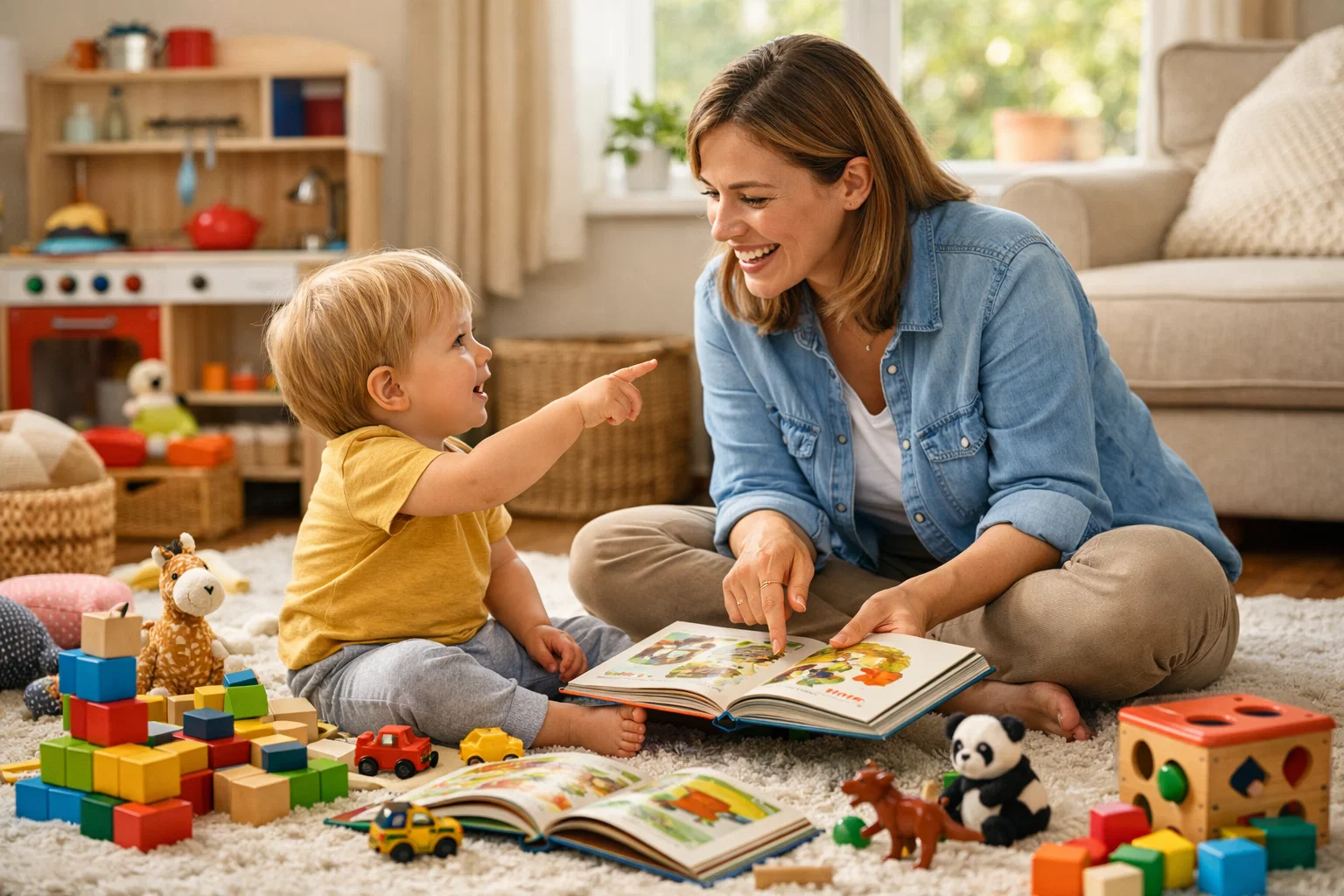 Parent interacting with toddler during toddler speech delay activities at home using toys and books.