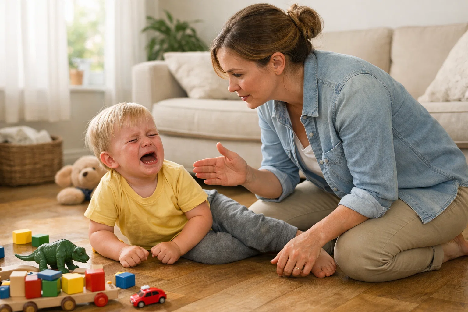 Parent calmly supporting a crying toddler demonstrating how to manage toddler tantrums without yelling.