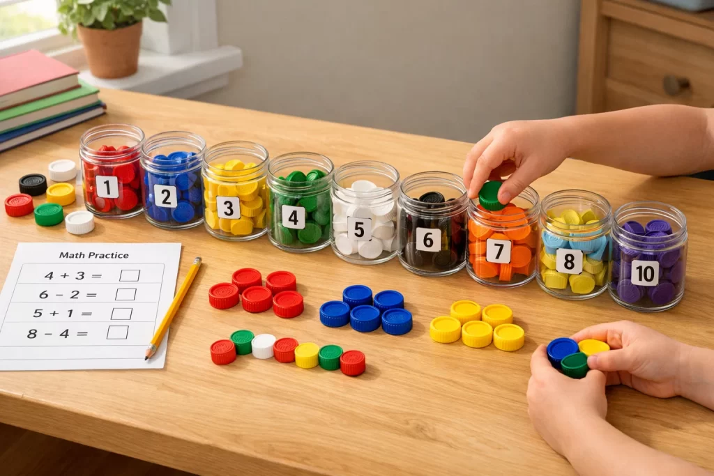 Child sorting bottle caps into numbered jars during DIY Learning Activities math session.