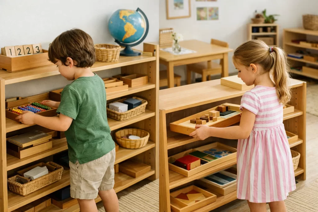 Children developing responsibility and learning habits in Montessori early childhood education environment.