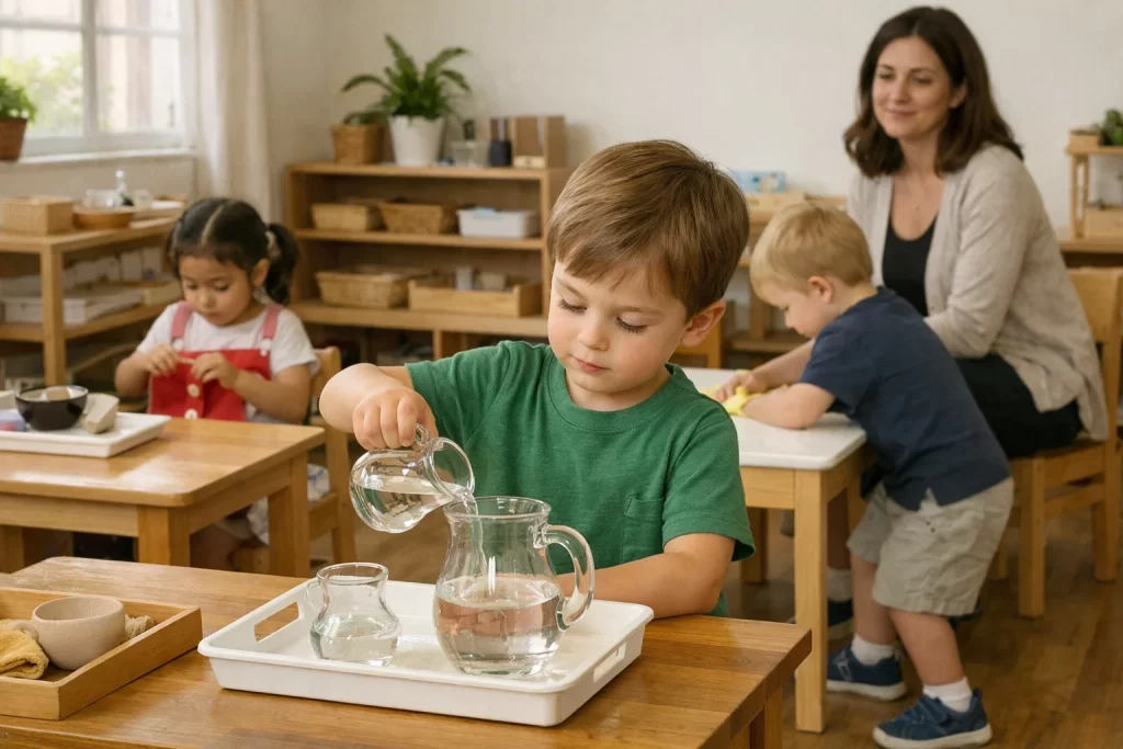 Child practicing practical life activities in Montessori early childhood education classroom to build independence.