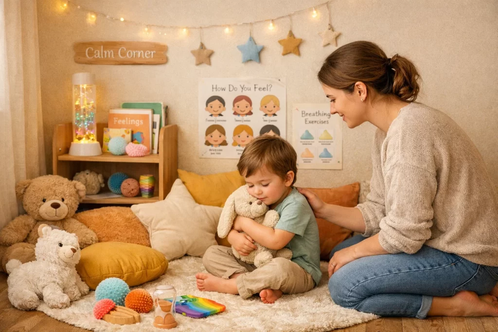 Calm-down corner used during toddler emotional development activities for parents to support emotional regulation.