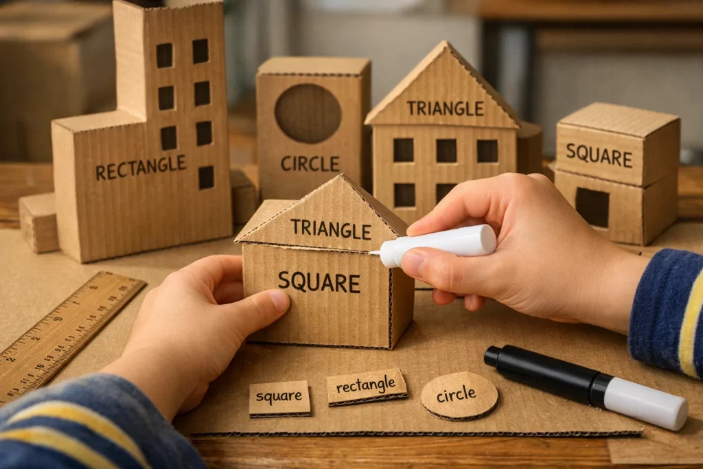 Child building geometric city model as part of DIY Learning Activities for early math learning.