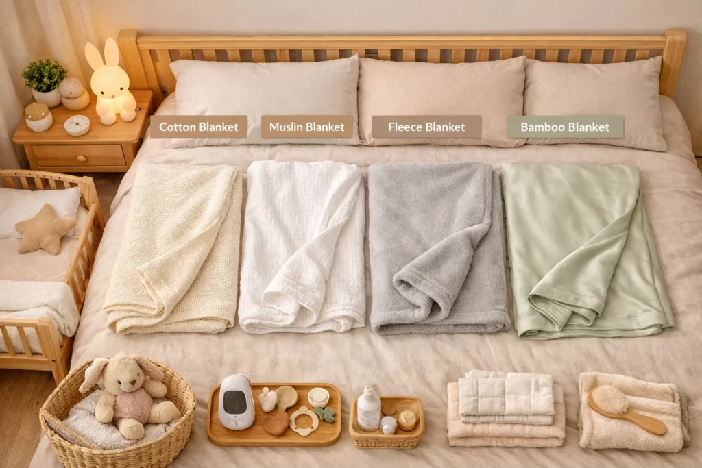 Different toddler blanket materials helping parents understand when can toddlers sleep with a blanket safely.