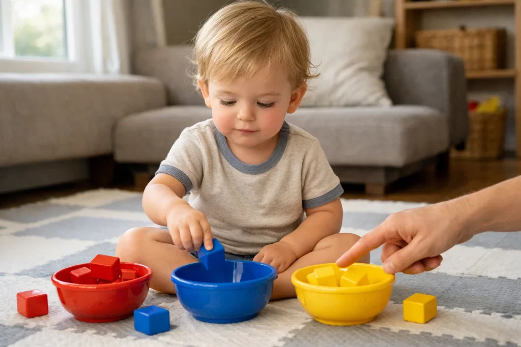 Toddler playing color sorting game as part of Educational Activities for Toddlers at home.