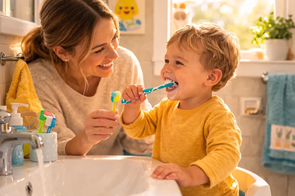 Parent guiding toddler through routine while practicing how to manage toddler tantrums without yelling.