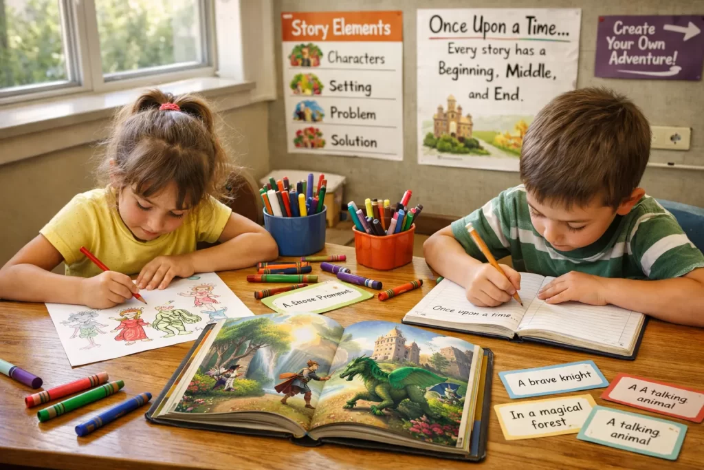 Reading Activities for Kids combining creative storytelling, drawing, and writing exercises.