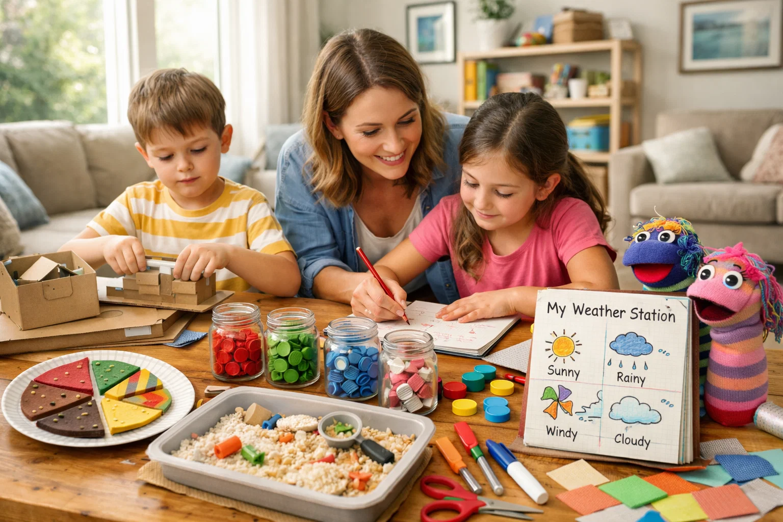 Children working on multiple DIY Learning Activities using household items at a bright home table setup.