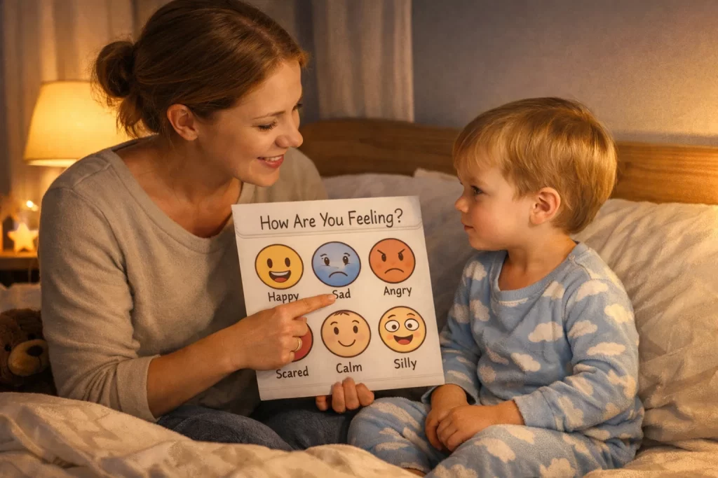 Daily emotion check-in conversation as part of toddler emotional development activities for parents.