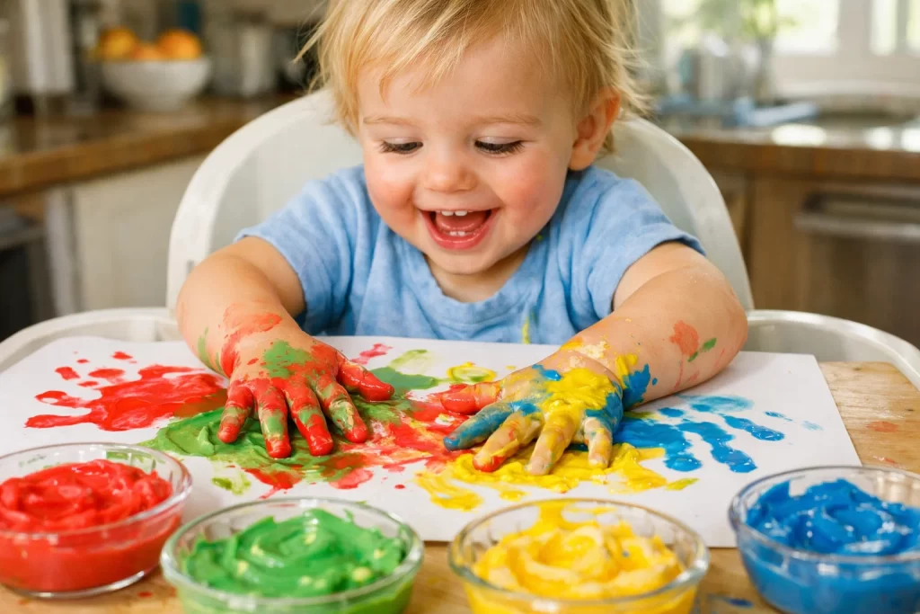 Toddler finger painting with edible paint during simple sensory play activities for toddlers indoors.