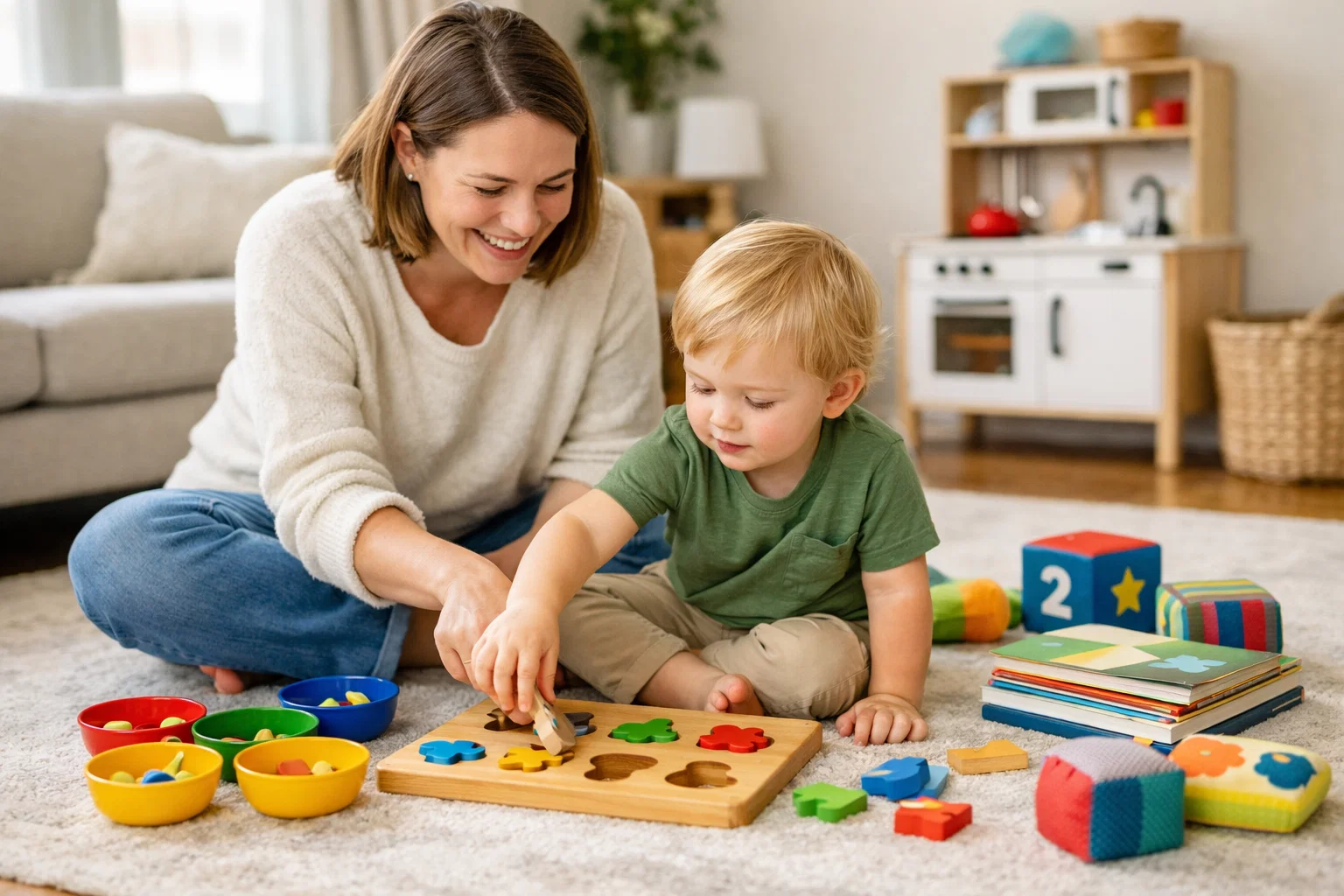Parent and child enjoying Educational Activities for Toddlers at home with puzzles, books, and learning toys.