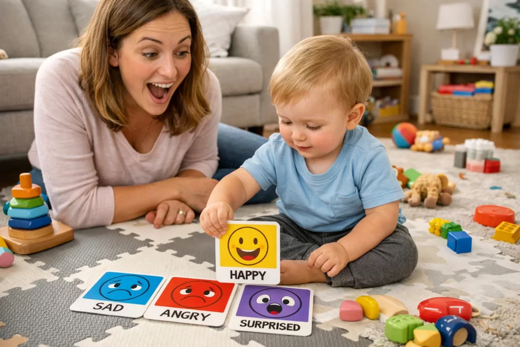 Emotion matching game used in toddler emotional development activities for parents to teach facial expressions.