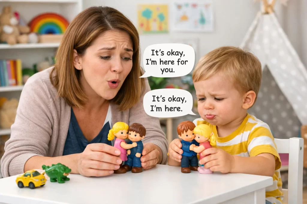 Emotion role-play activity during toddler emotional development activities for parents teaching empathy and social skills.