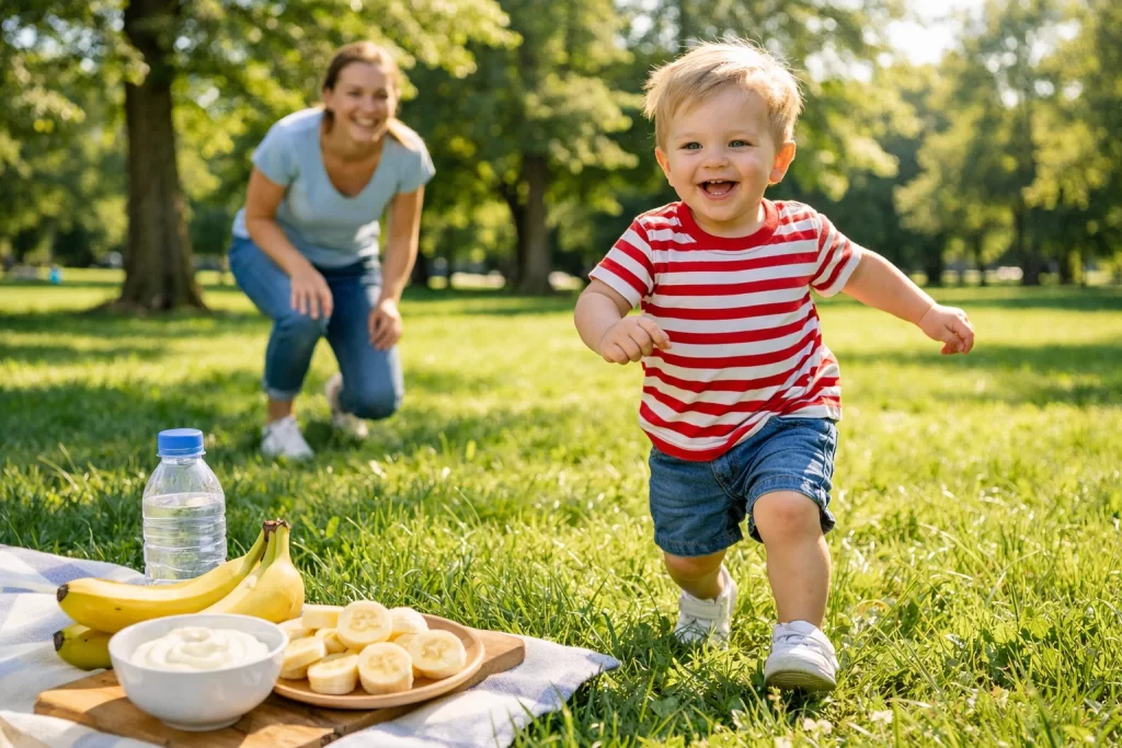 Active toddler playing outdoors supporting natural remedies for night terrors in toddlers.