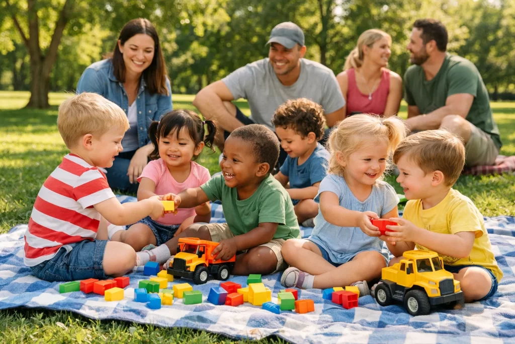 Toddlers playing together during a playdate showing how to prepare your child for daycare.