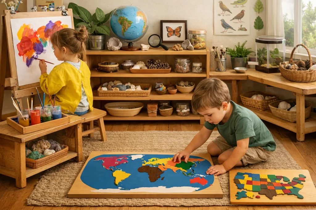 Children exploring creativity and curiosity in Montessori early childhood education classroom activities.