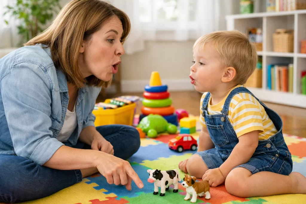 Parent encouraging sound imitation with toddler using animal toys during toddler speech delay activities at home.