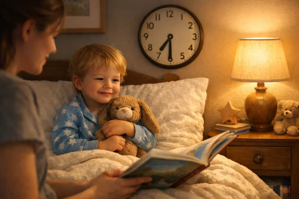 Toddler bedtime routine with storytime showing natural remedies for night terrors in toddlers.