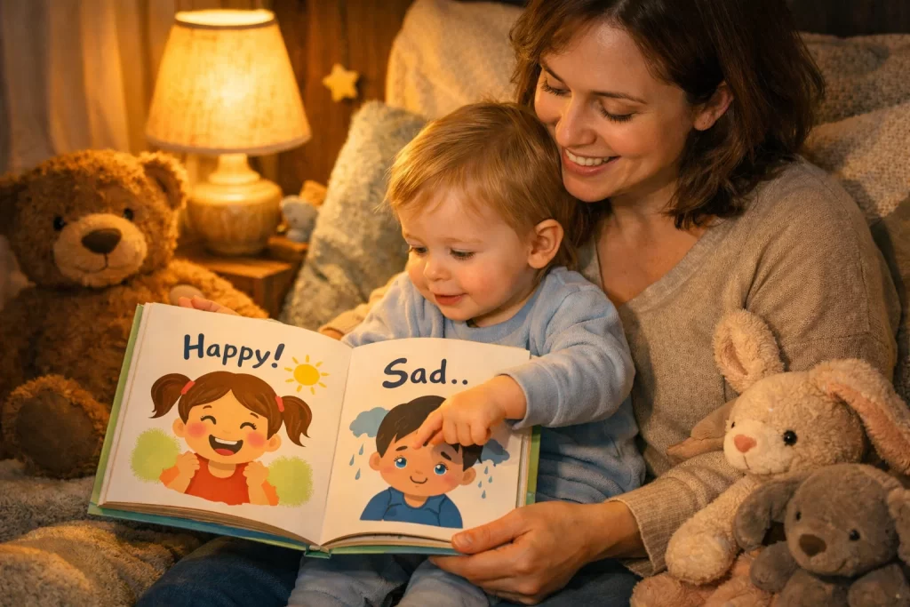 Feelings storytime activity during toddler emotional development activities for parents using emotion-themed books.