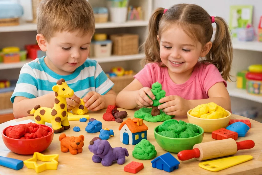 Creative Activities for Children using homemade playdough to sculpt animals and imaginative shapes.