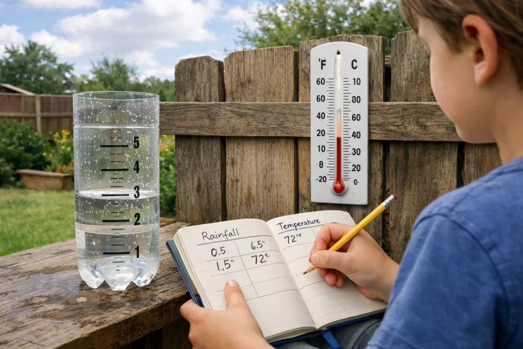 Child recording weather data using homemade tools in DIY Learning Activities science project.