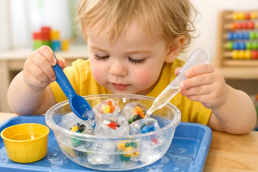 Toddler melting ice to discover toys in simple sensory play activities for toddlers indoors.