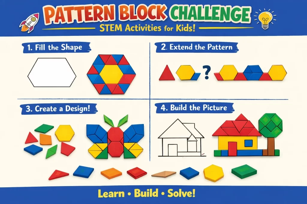 STEM Activities for Kids also include mathematical problem-solving. Pattern blocks teach geometry and spatial reasoning.