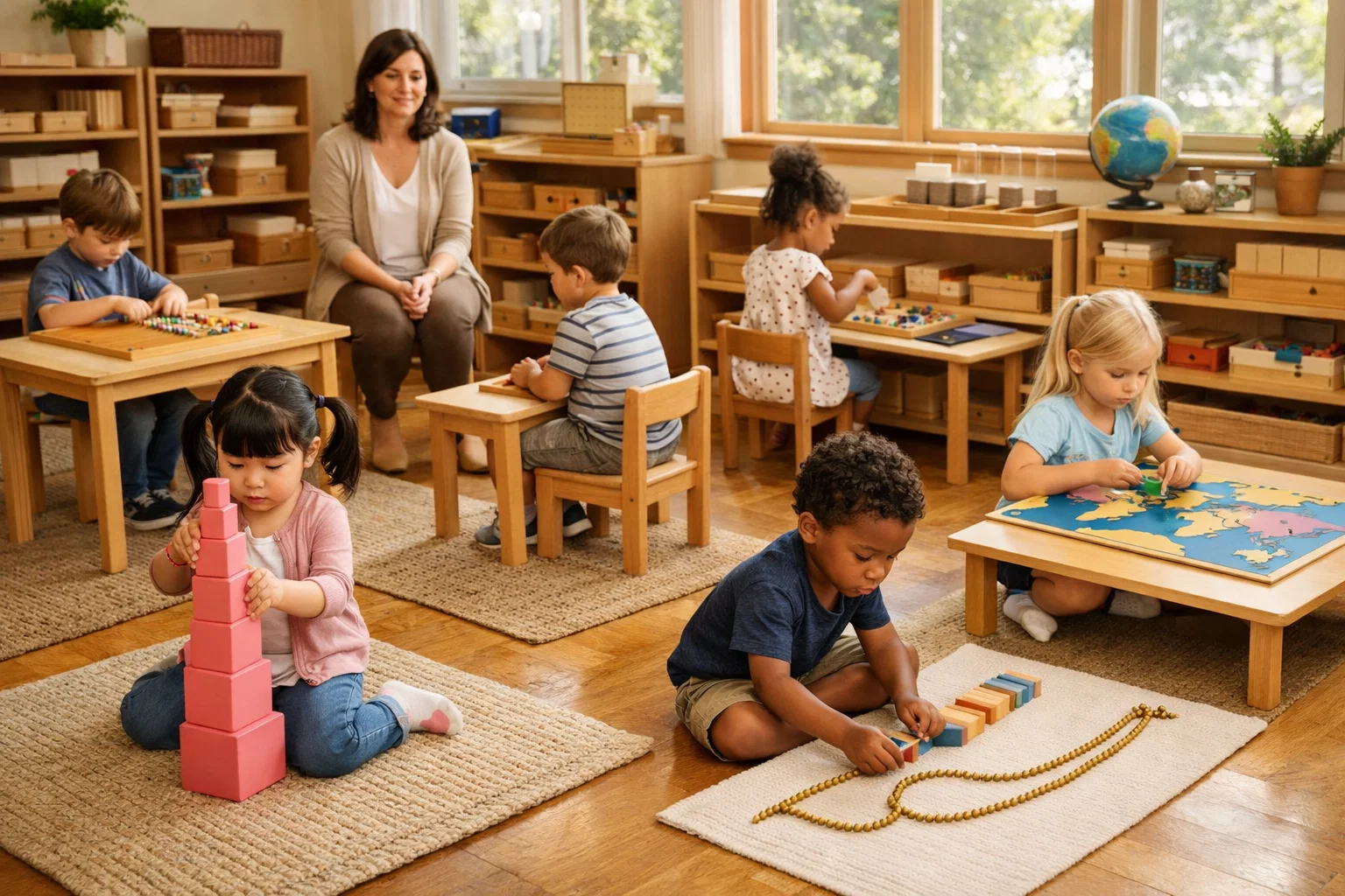 Montessori early childhood education classroom with children learning independently using Montessori materials.