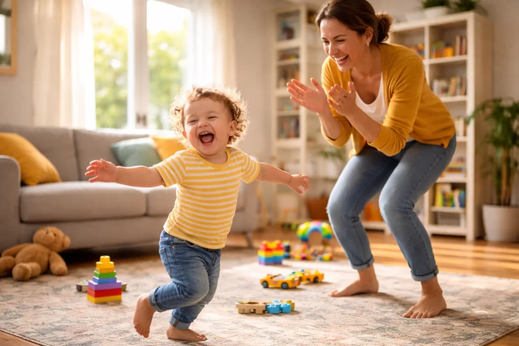 Music and movement session during toddler emotional development activities for parents encouraging emotional expression.