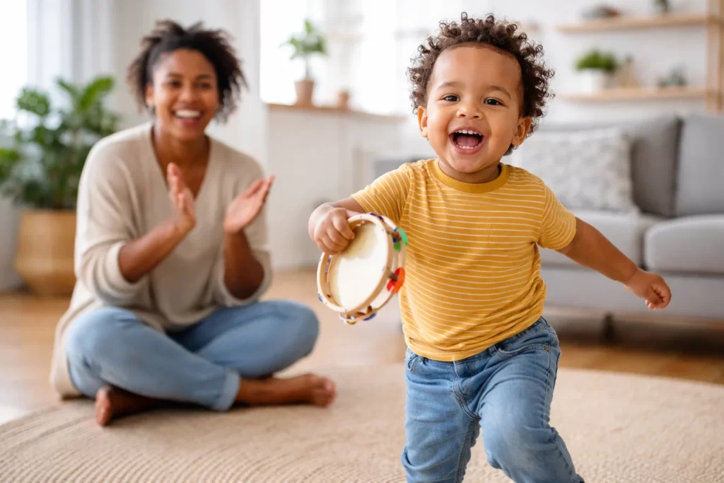 Toddler dancing during Educational Activities for Toddlers focused on music and movement learning.