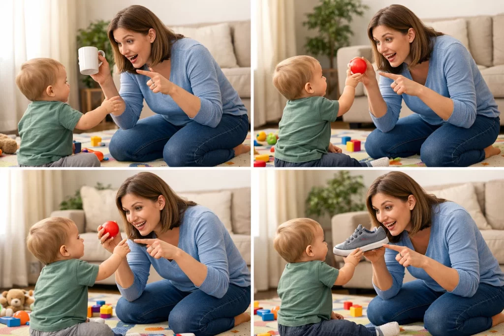 Parent labeling objects like cup, ball, and shoe during toddler speech delay activities at home.