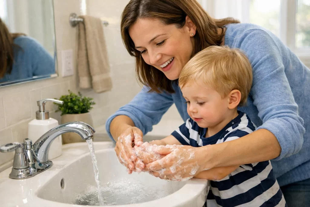 Parent narrating hand washing routine during toddler speech delay activities at home.