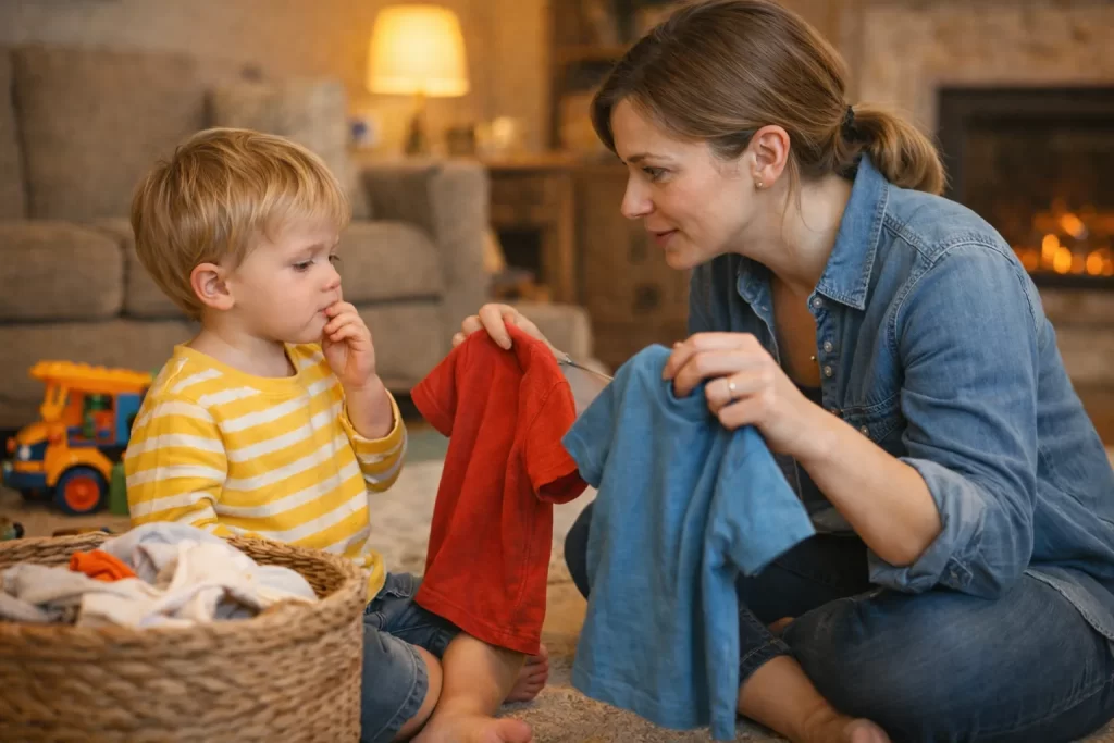 Parent offering choices to toddler while learning how to manage toddler tantrums without yelling.