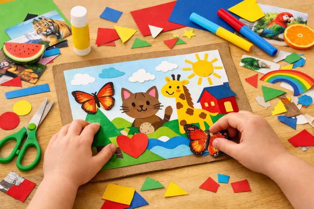 Creative Activities for Children using paper collage with magazines, scissors, and glue for art projects.