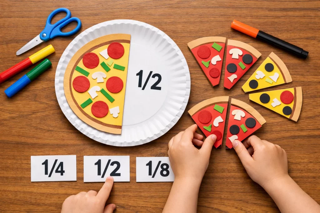 Child assembling paper plate fraction pizza during DIY Learning Activities math learning.