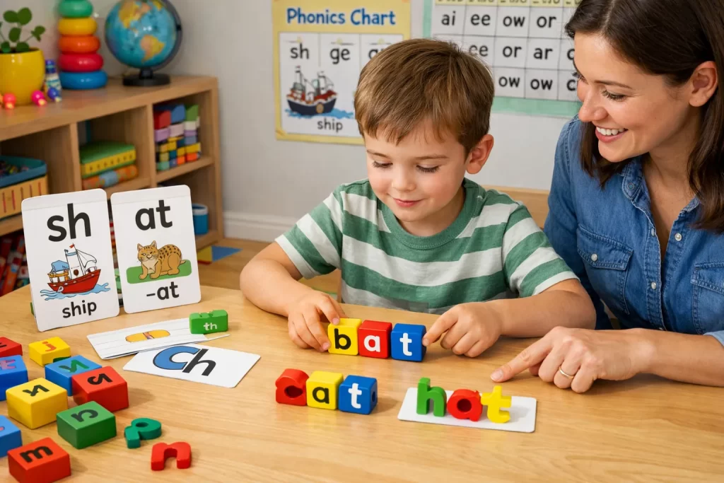 Reading Activities for Kids using phonics games and word building with alphabet blocks.